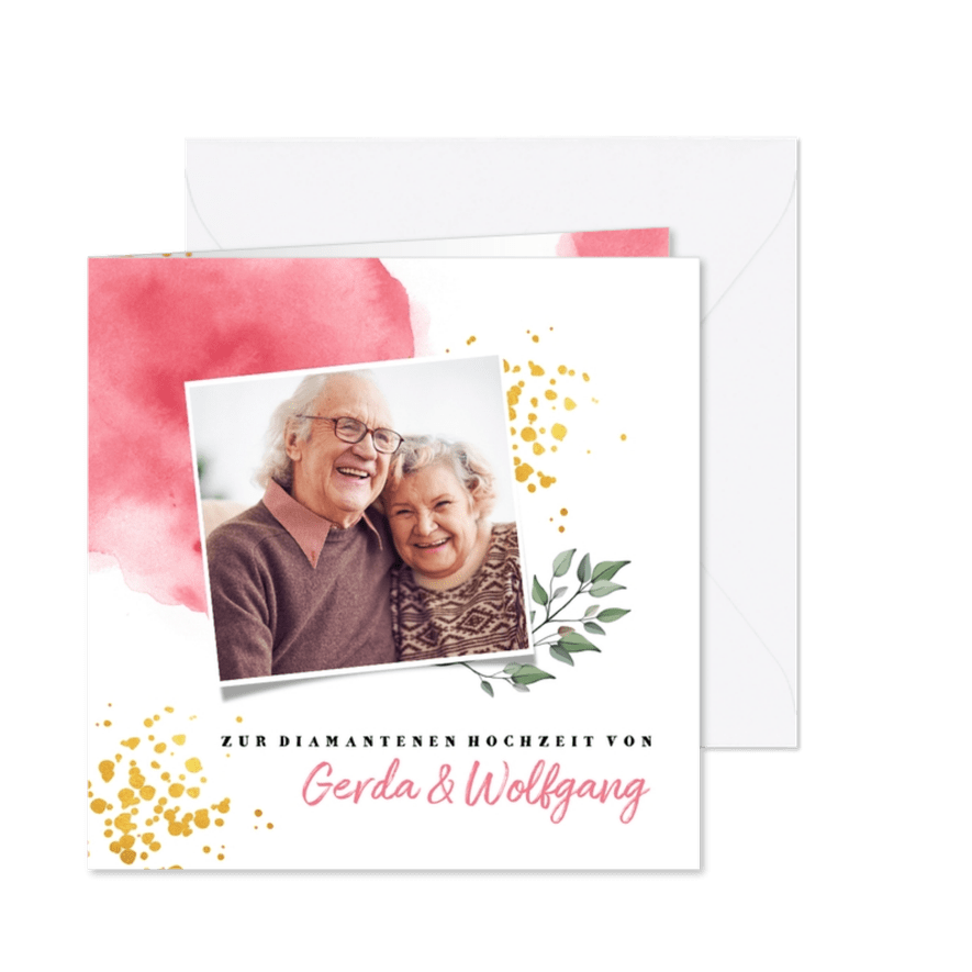 Glückwunschkarte Hochzeitsjubiläum Foto und rosa Aquarell - Karteneindruck