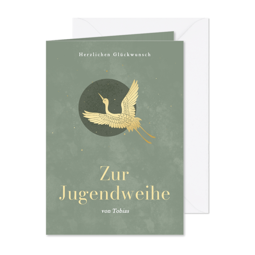 Glückwunschkarte Jugendweihe grün mit Kranich - Karteneindruck