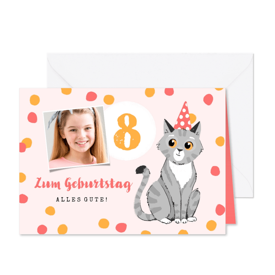 Glückwunschkarte Kinder Geburtstag Foto und lustige Katze - Karteneindruck