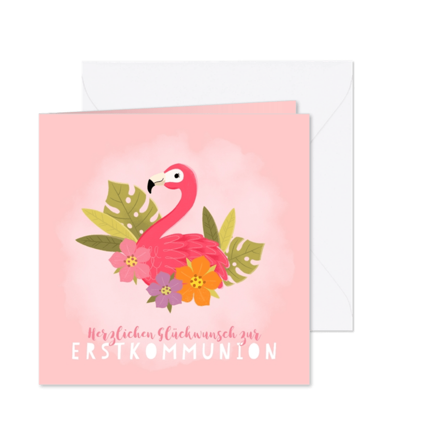 Glückwunschkarte Kommunion Flamingo & Blumen - Karteneindruck