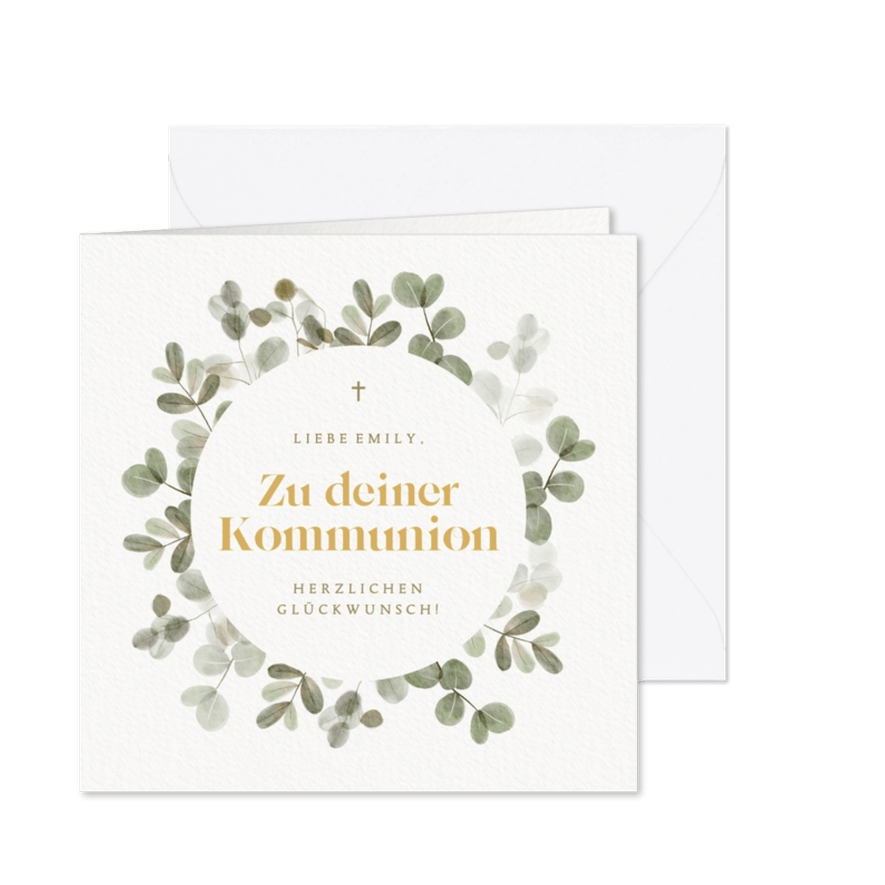 Glückwunschkarte Kommunion Kranz aus Eukalyptus - Karteneindruck