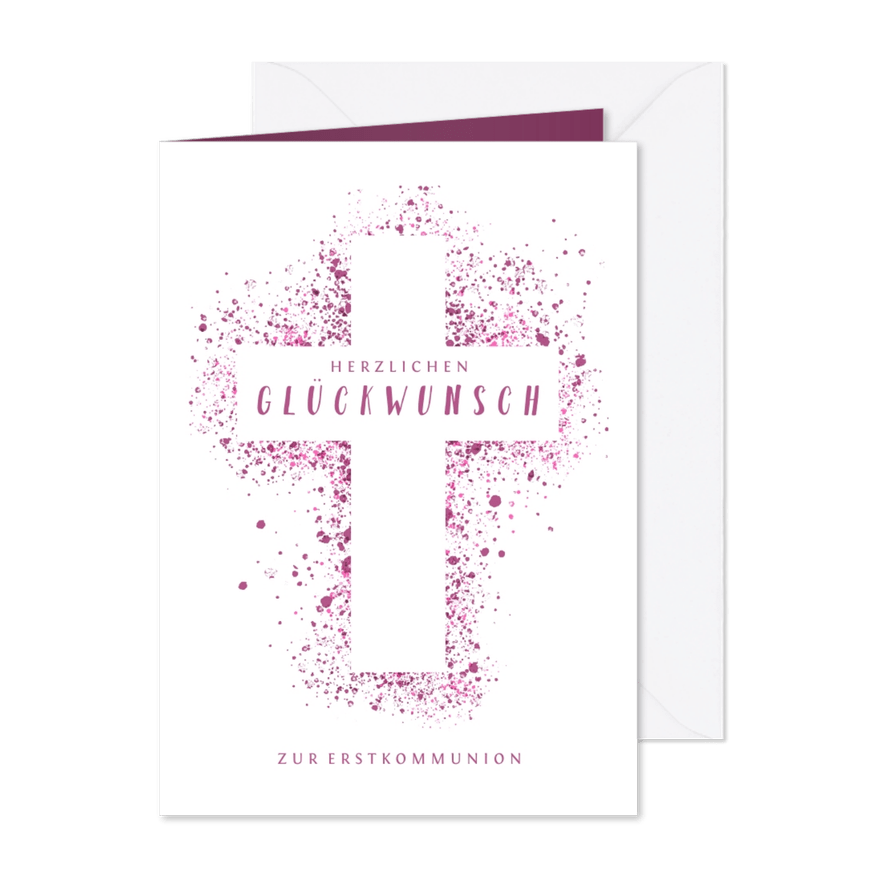 Glückwunschkarte Kommunion Kreuz pink - Karteneindruck