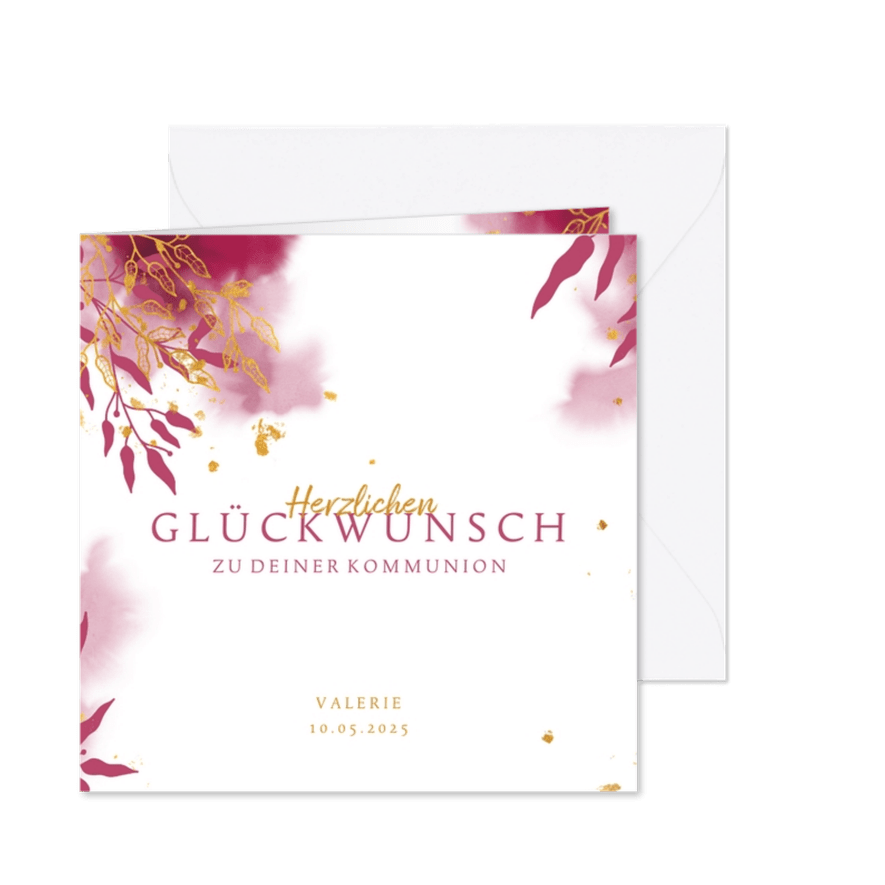 Glückwunschkarte Kommunion pink botanisch - Karteneindruck
