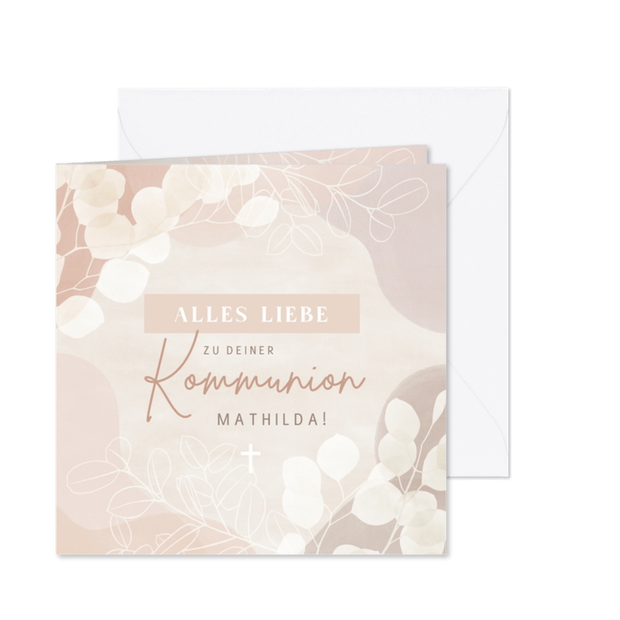 Glückwunschkarte Kommunion rosa Eukalyptus - Karteneindruck
