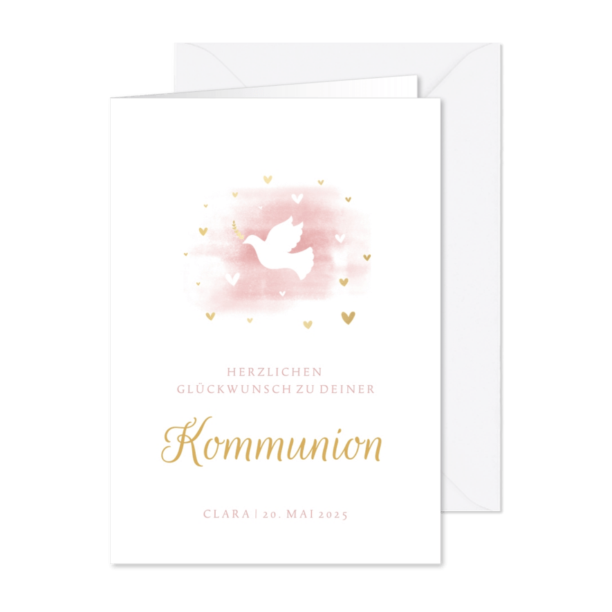 Glückwunschkarte Kommunion Taube rosa Aquarell - Karteneindruck