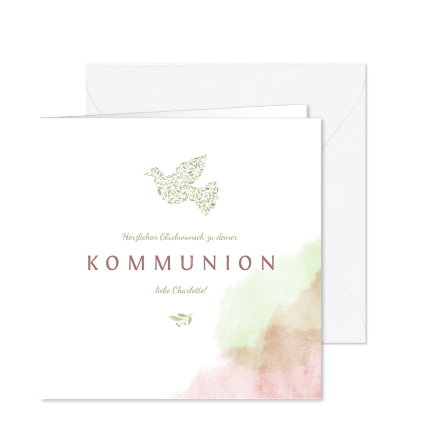 Glückwunschkarte Kommunion Taube rosa & grün - Karteneindruck