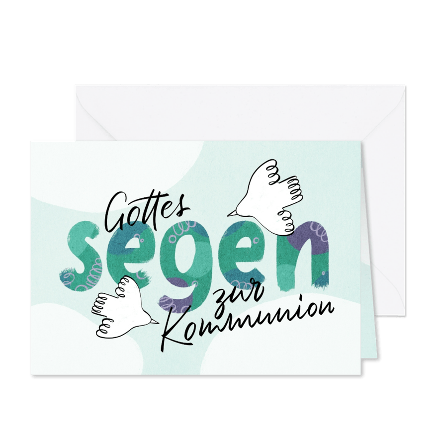 Glückwunschkarte Kommunion Tauben und Lettering - Karteneindruck
