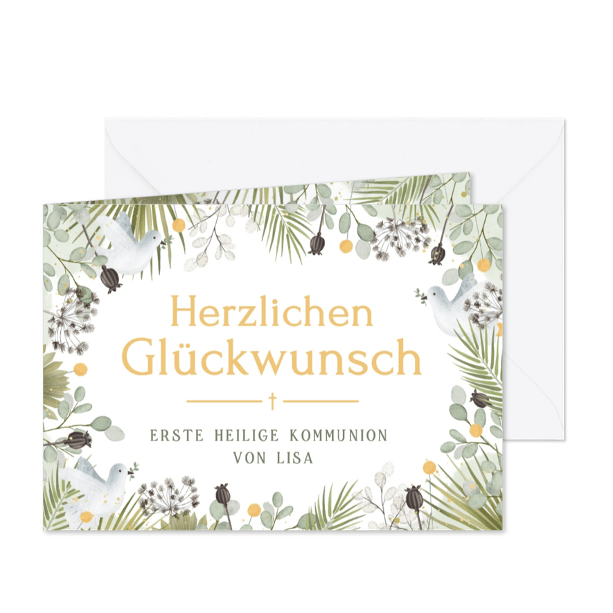 Glückwunschkarte Kommunion Tauben und Zweige - Karteneindruck