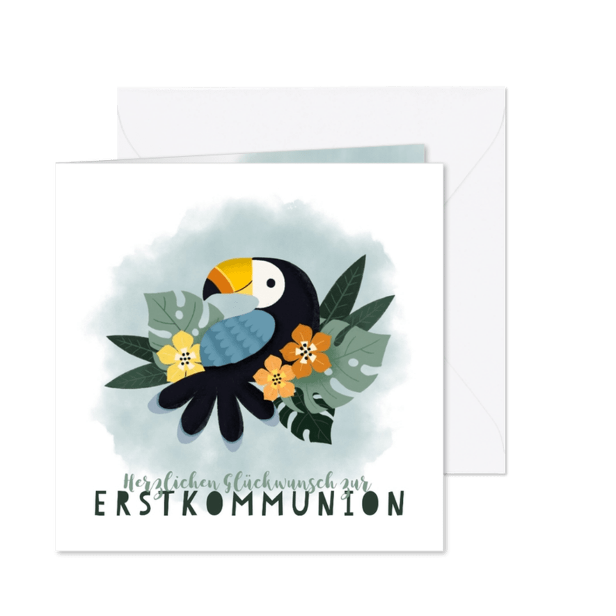 Glückwunschkarte Kommunion Tukan & Blumen - Karteneindruck