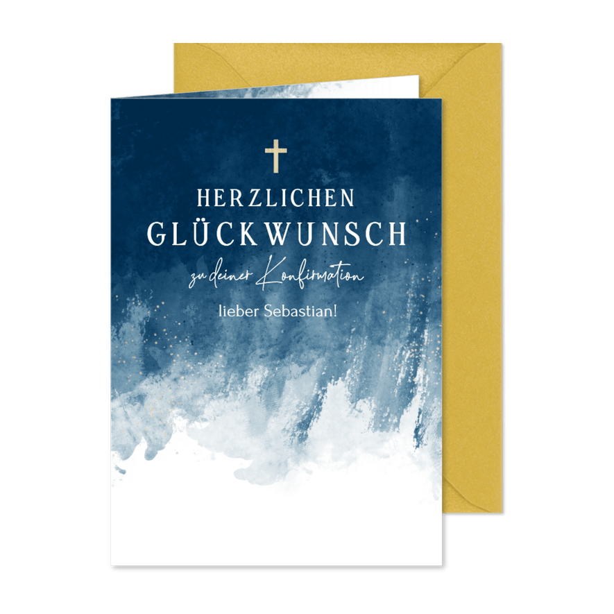 Glückwunschkarte Konfirmation dunkelblau Aquarell Kreuz - Karteneindruck