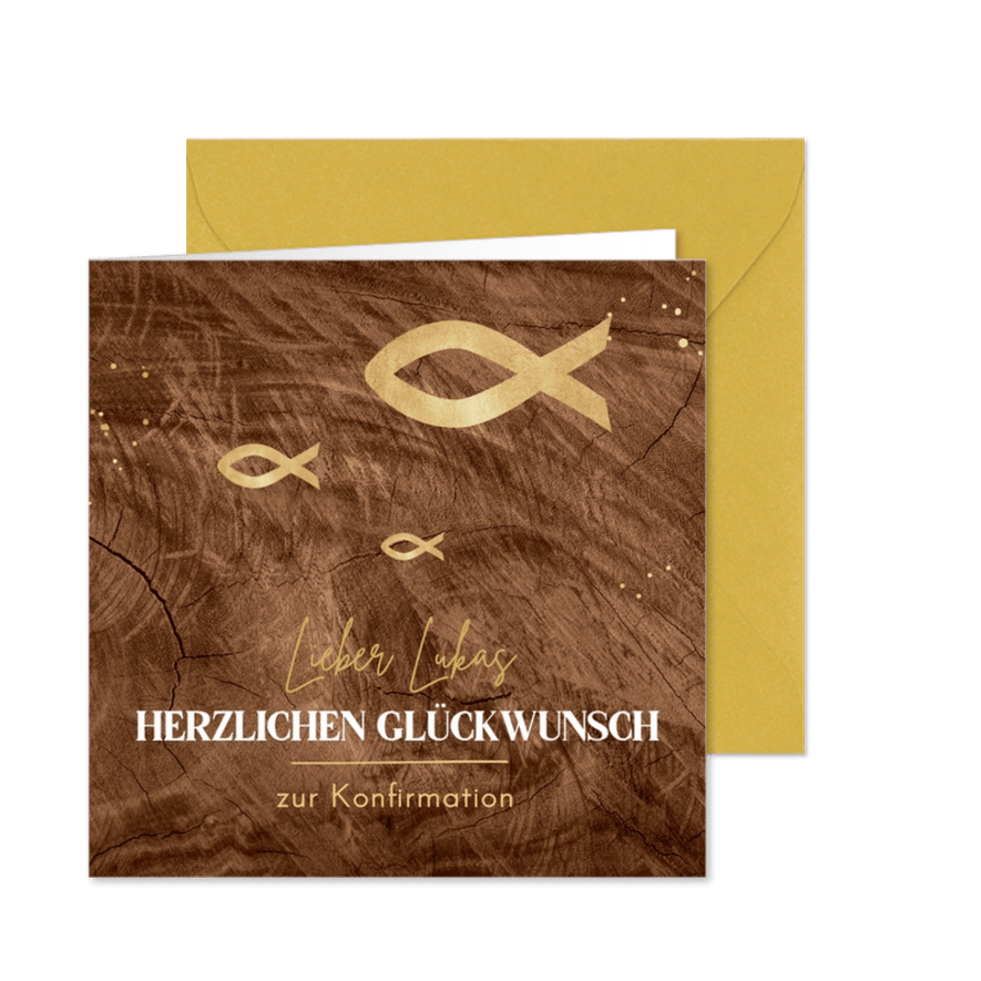 Glückwunschkarte Konfirmation Ichthys Holzoptik - Karteneindruck