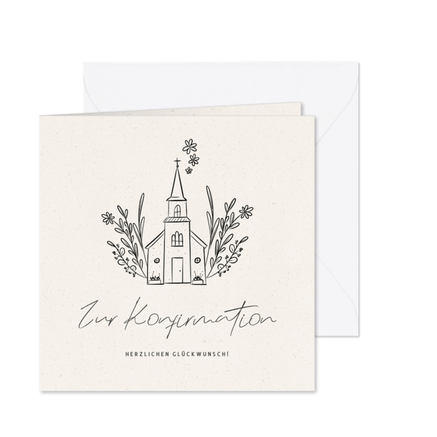 Glückwunschkarte Konfirmation Kirche mit Blumen - Karteneindruck