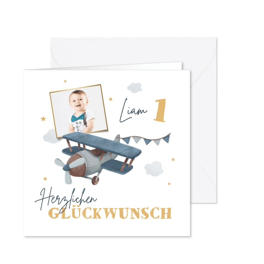 Glückwunschkarte mit Foto 1. Geburtstag Flugzeug - Karteneindruck
