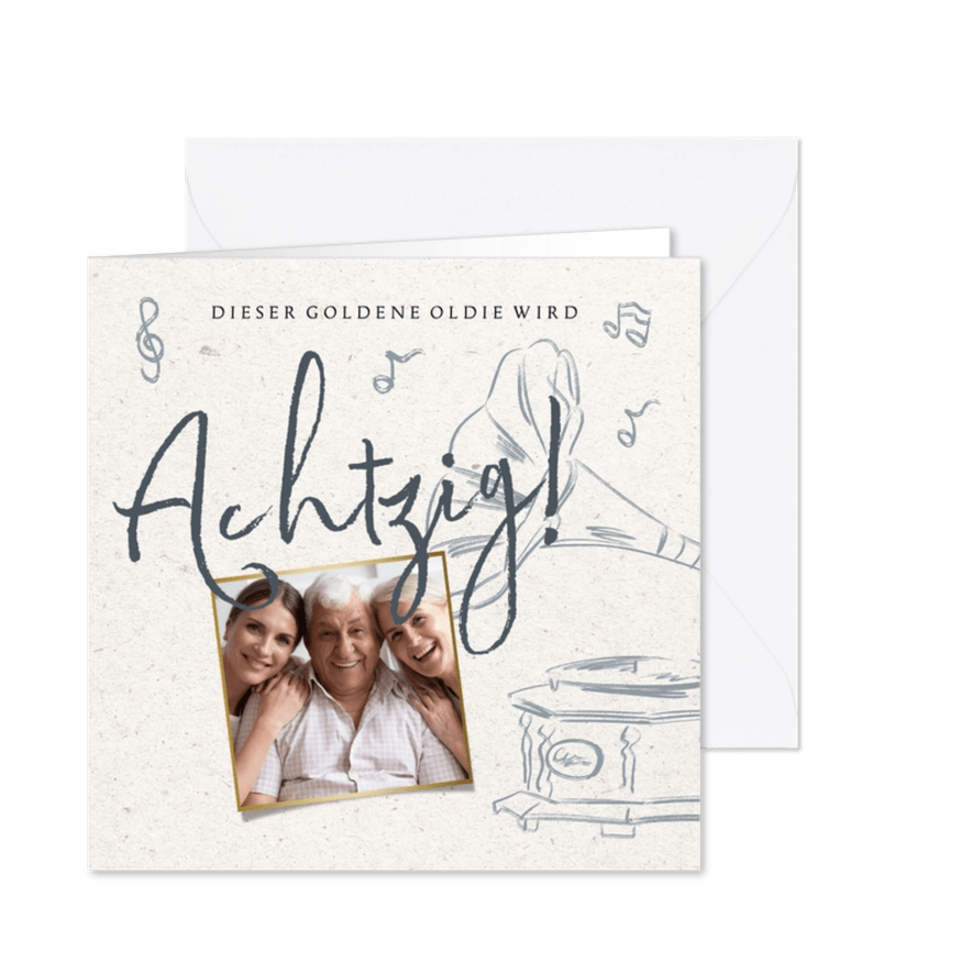 Glückwunschkarte mit Grammophon und Foto - Karteneindruck