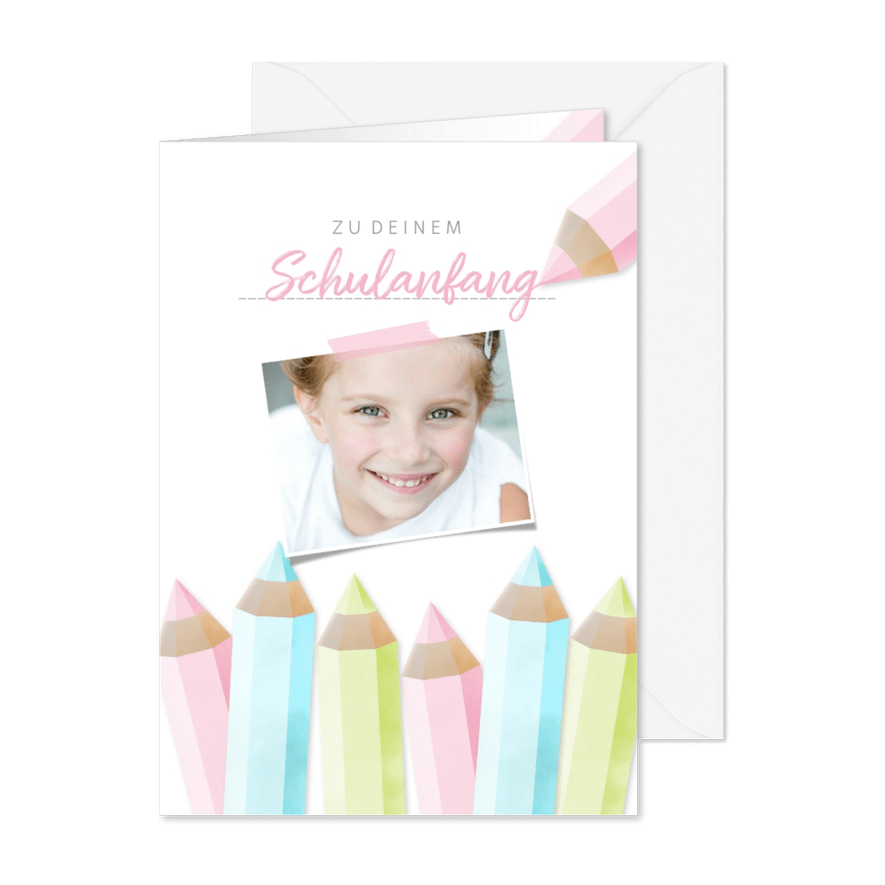 Glückwunschkarte rosa Schulanfang Foto & Buntstifte - Karteneindruck