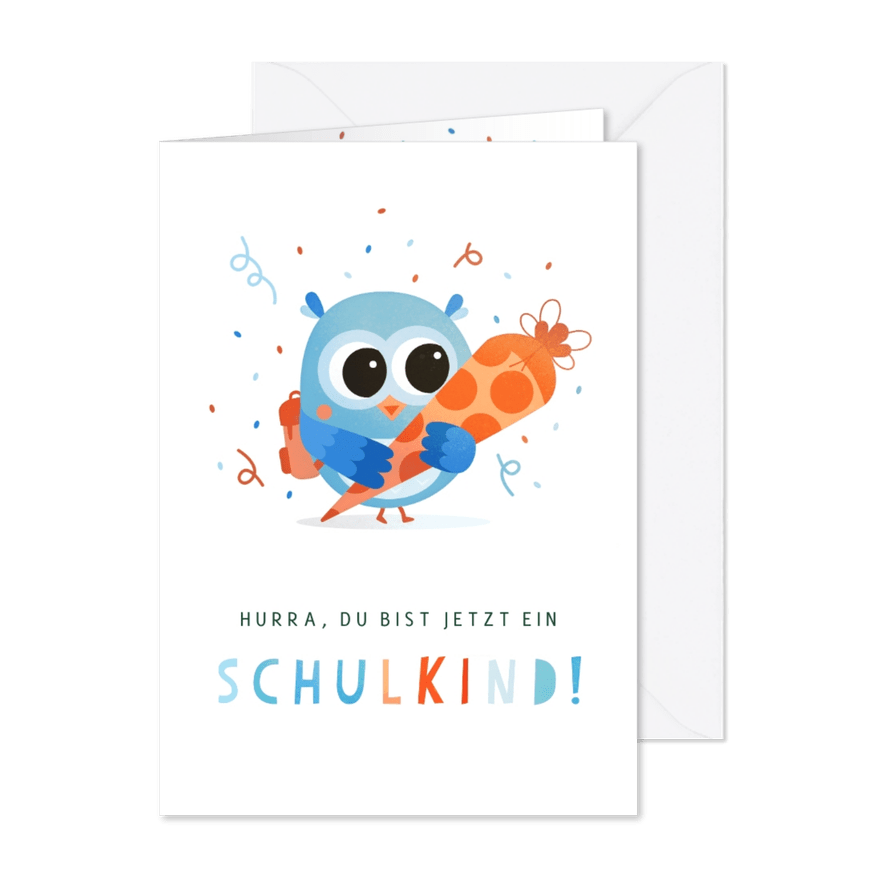 Glückwunschkarte Schulanfang blaue Eule mit Schultüte - Karteneindruck