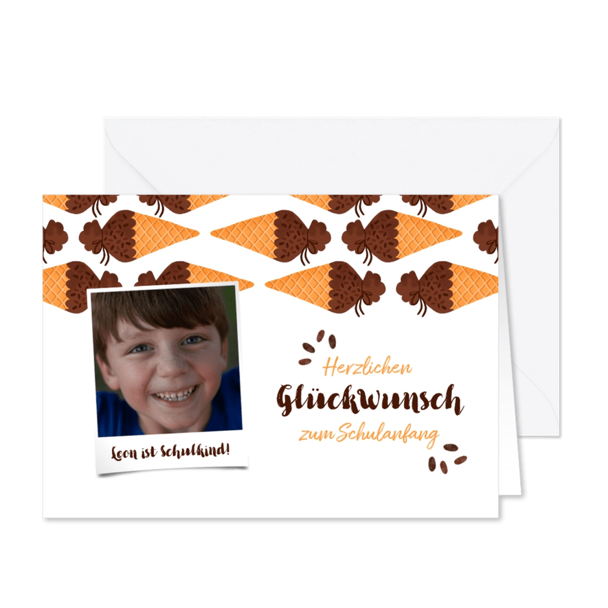 Glückwunschkarte Schulanfang Foto & braune Schultüten - Karteneindruck