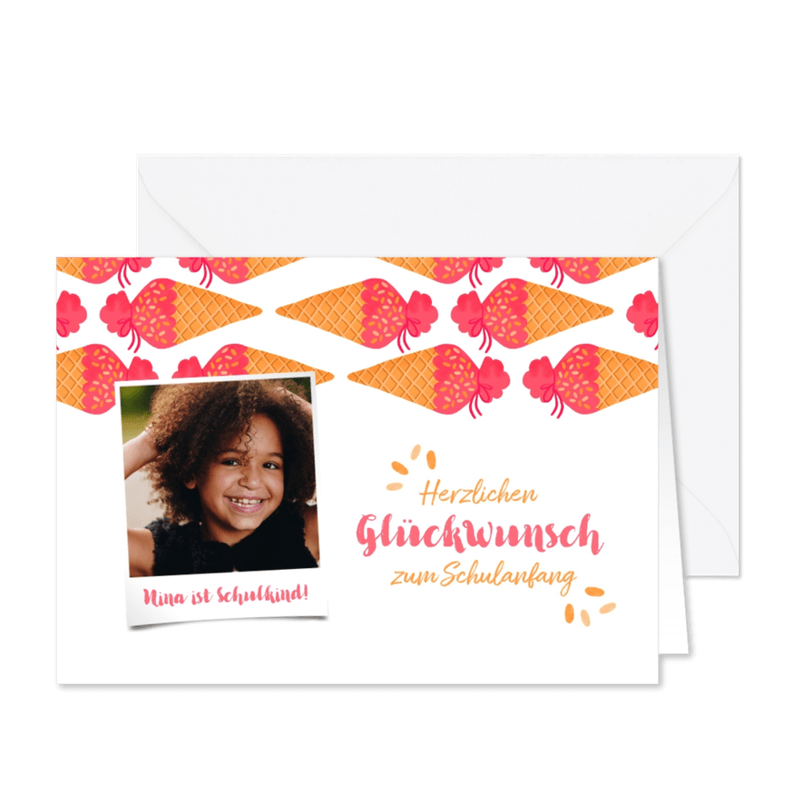 Glückwunschkarte Schulanfang Foto & rote Schultüten - Karteneindruck