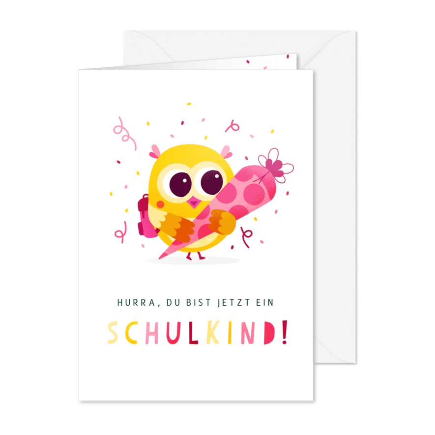 Glückwunschkarte Schulanfang gelbe Eule mit Schultüte - Karteneindruck