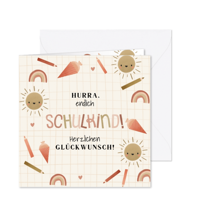 Glückwunschkarte Schulkind kleine Symbole rostbraun - Karteneindruck
