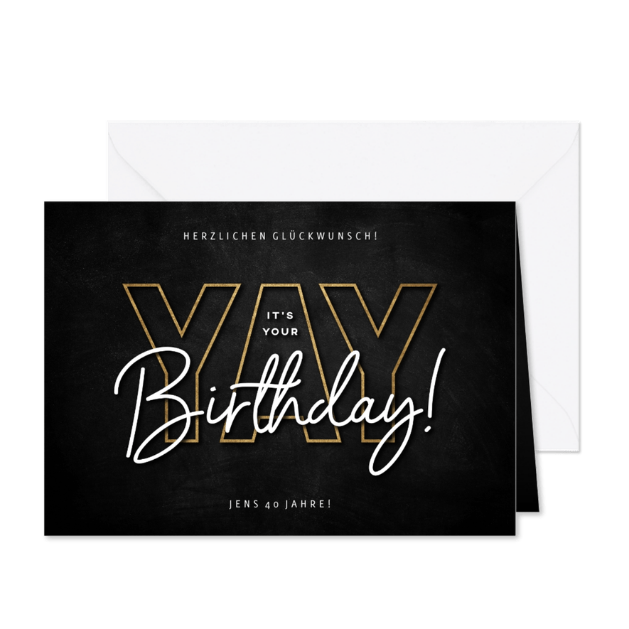 Glückwunschkarte schwarz 'Yay', its your birthday' - Karteneindruck
