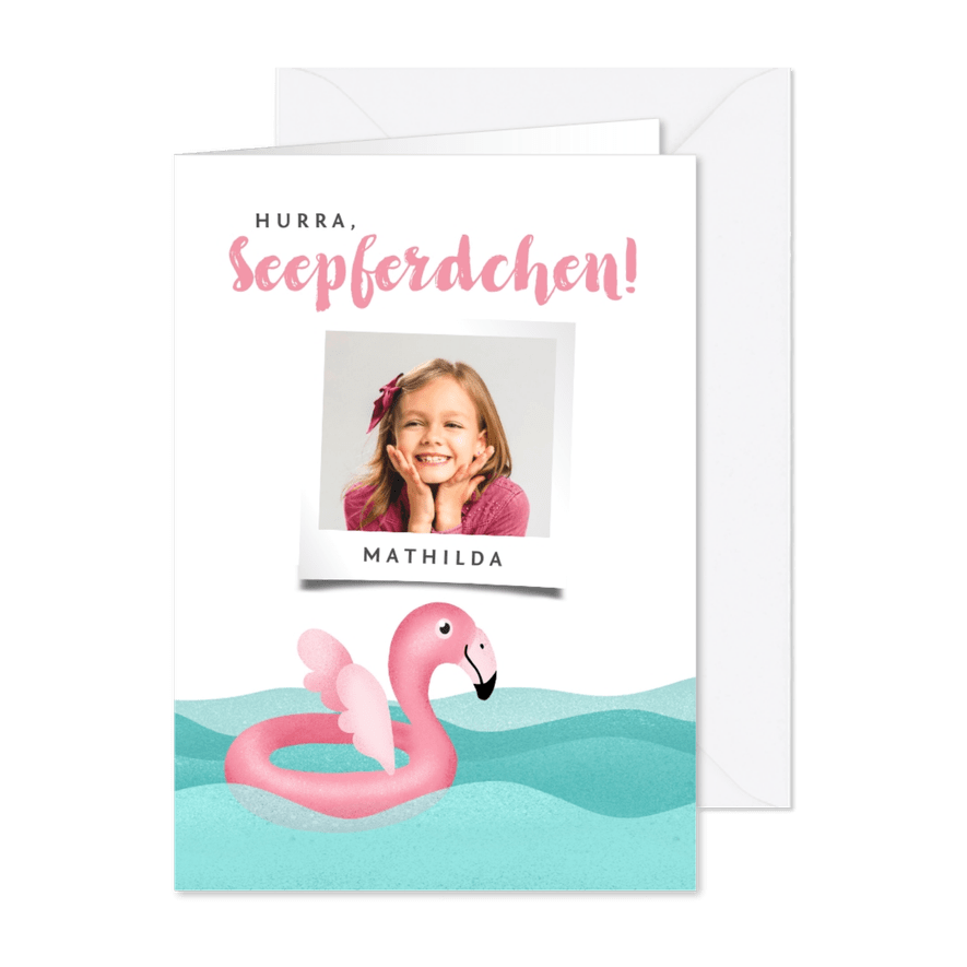Glückwunschkarte Seepferdchen Foto & Flamingo - Karteneindruck