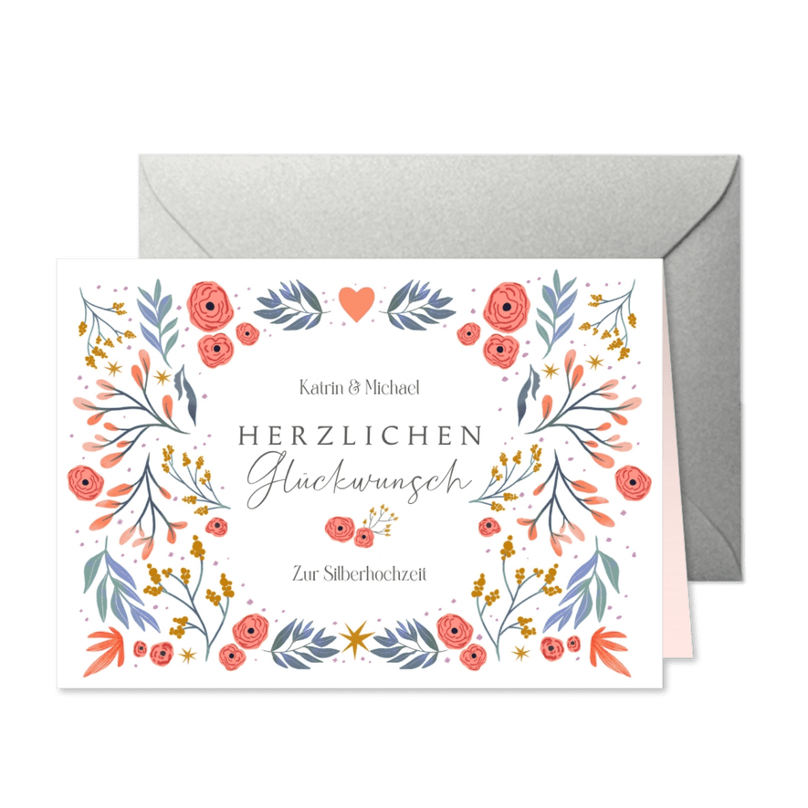 Glückwunschkarte Silberhochzeit Blumendekor - Karteneindruck