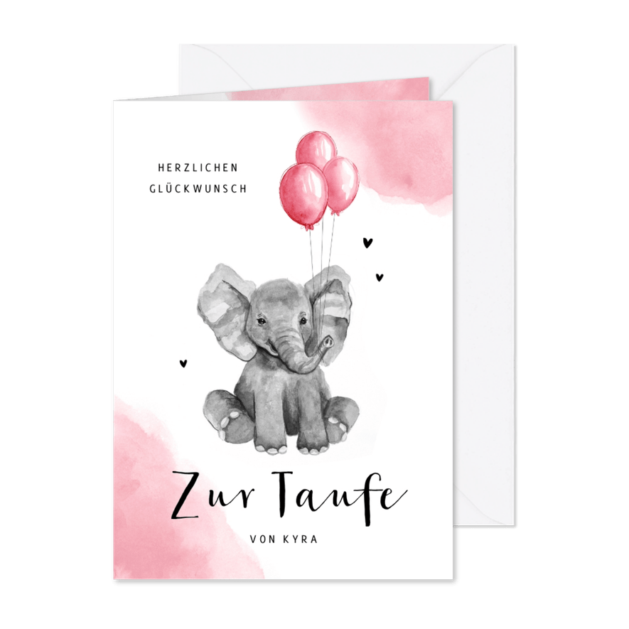 Glückwunschkarte Taufe Elefant rosa Ballon - Karteneindruck
