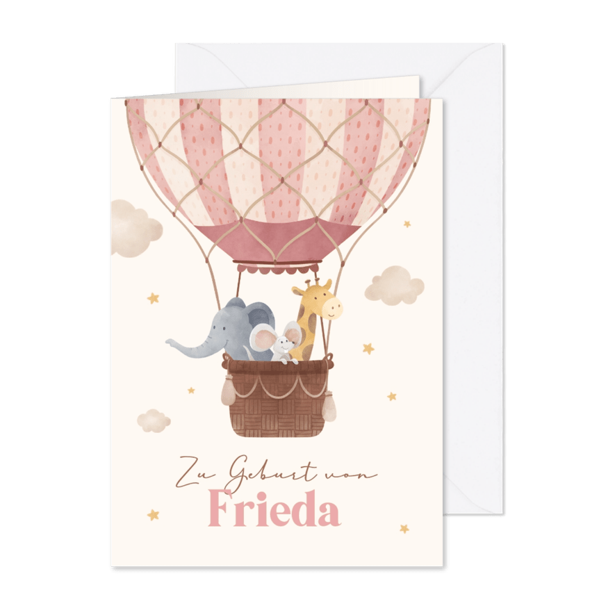 Glückwunschkarte Tiere im rosa Heißluftballon - Karteneindruck