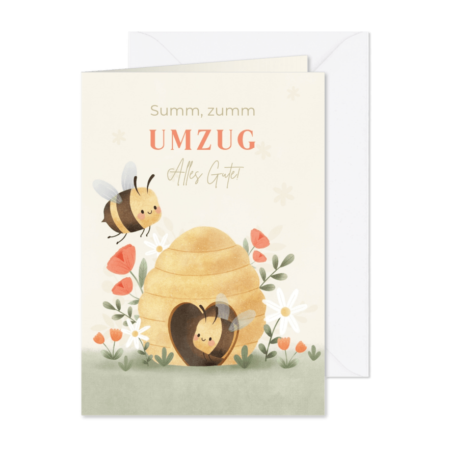 Glückwunschkarte Umzug Bienen mit Bienenkorb - Karteneindruck