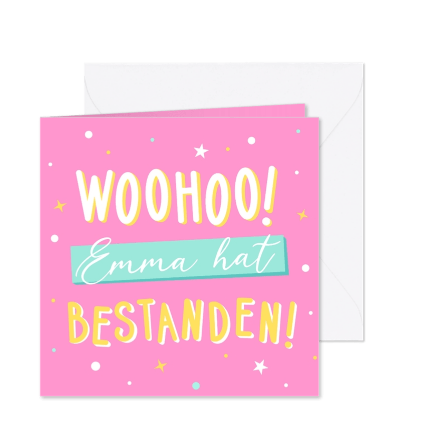 Glückwunschkarte 'Woohoo! Bestanden!' pink - Karteneindruck