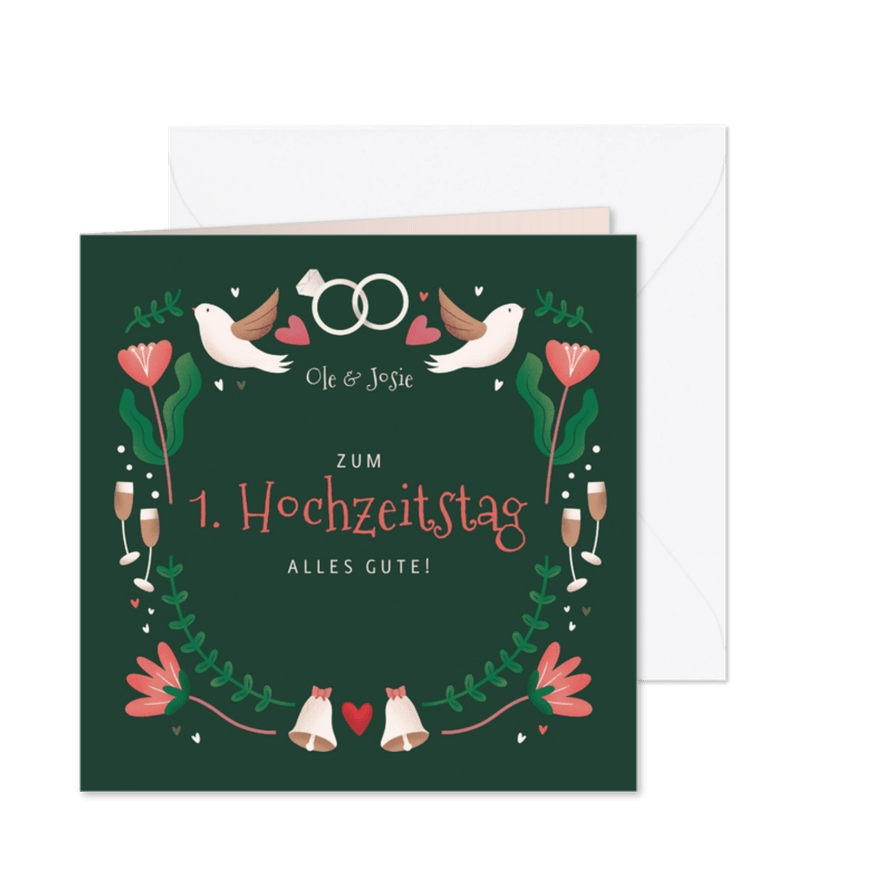 Glückwunschkarte zum 1. Hochzeitstag Blumen & Ringe - Karteneindruck