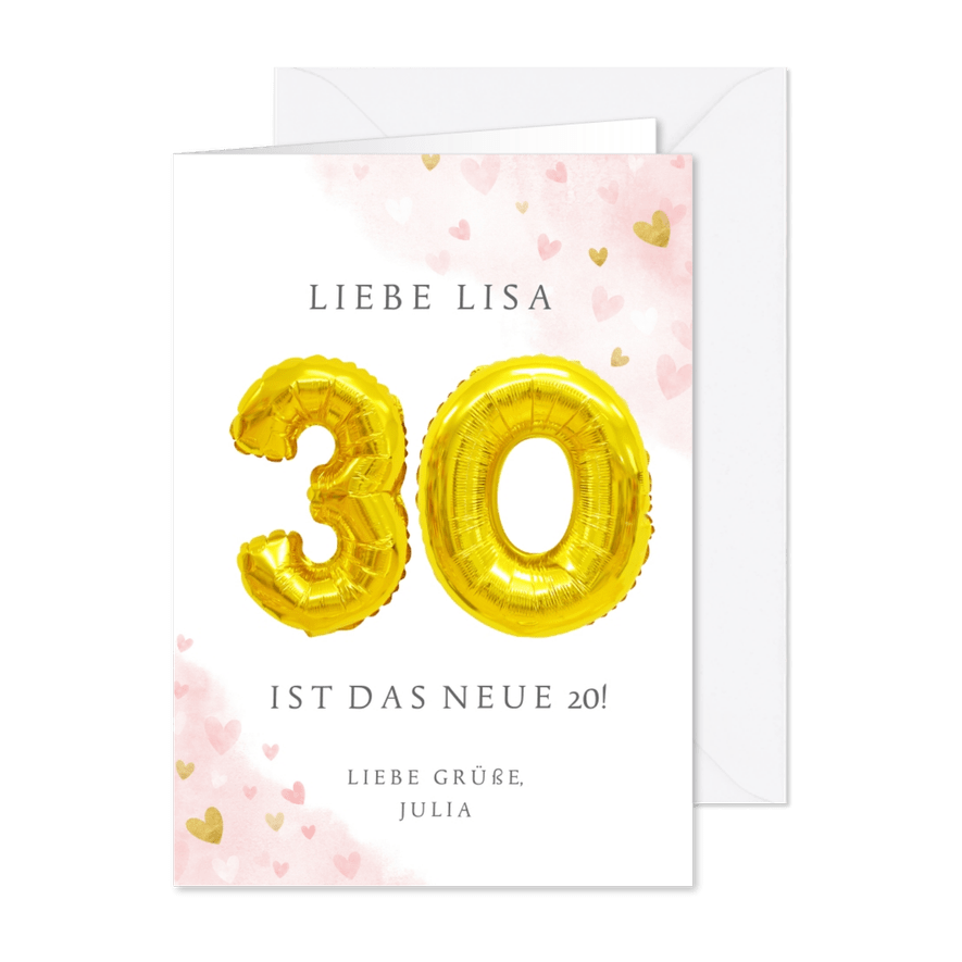 Glückwunschkarte zum 30. Geburtstag rosa mit Zahlenballon - Karteneindruck