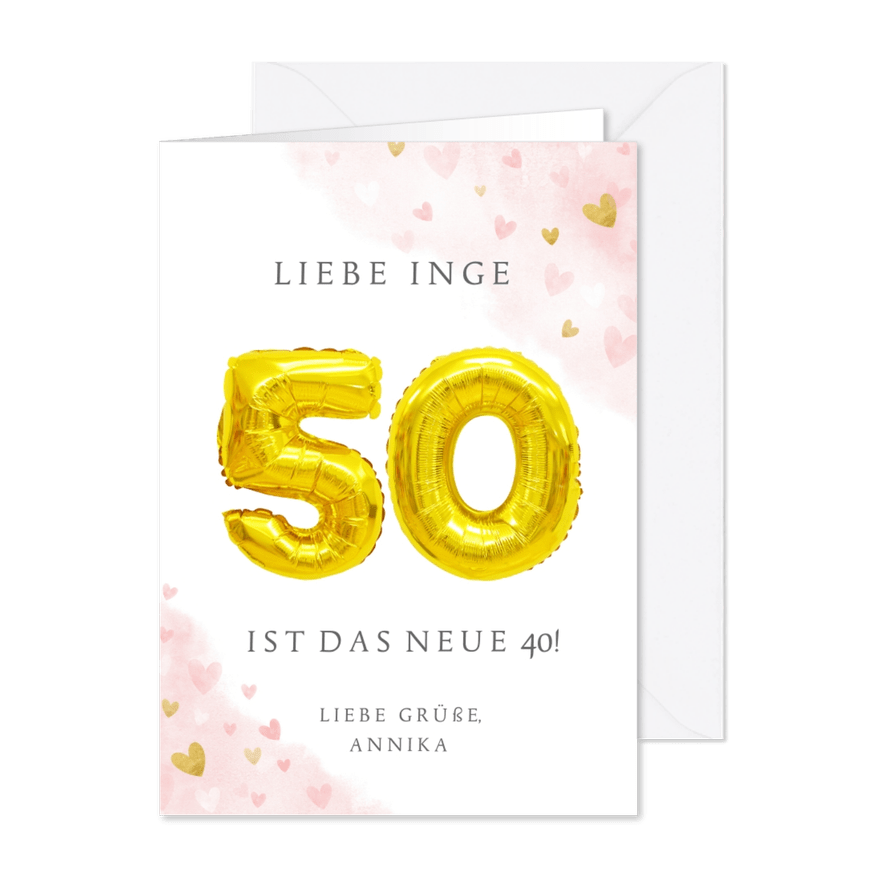 Glückwunschkarte zum 50. Geburtstag rosa mit Zahlenballon - Karteneindruck