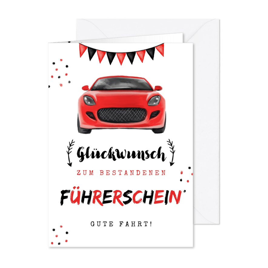 Glückwunschkarte zum bestandenen Führerschein rotes Auto - Karteneindruck