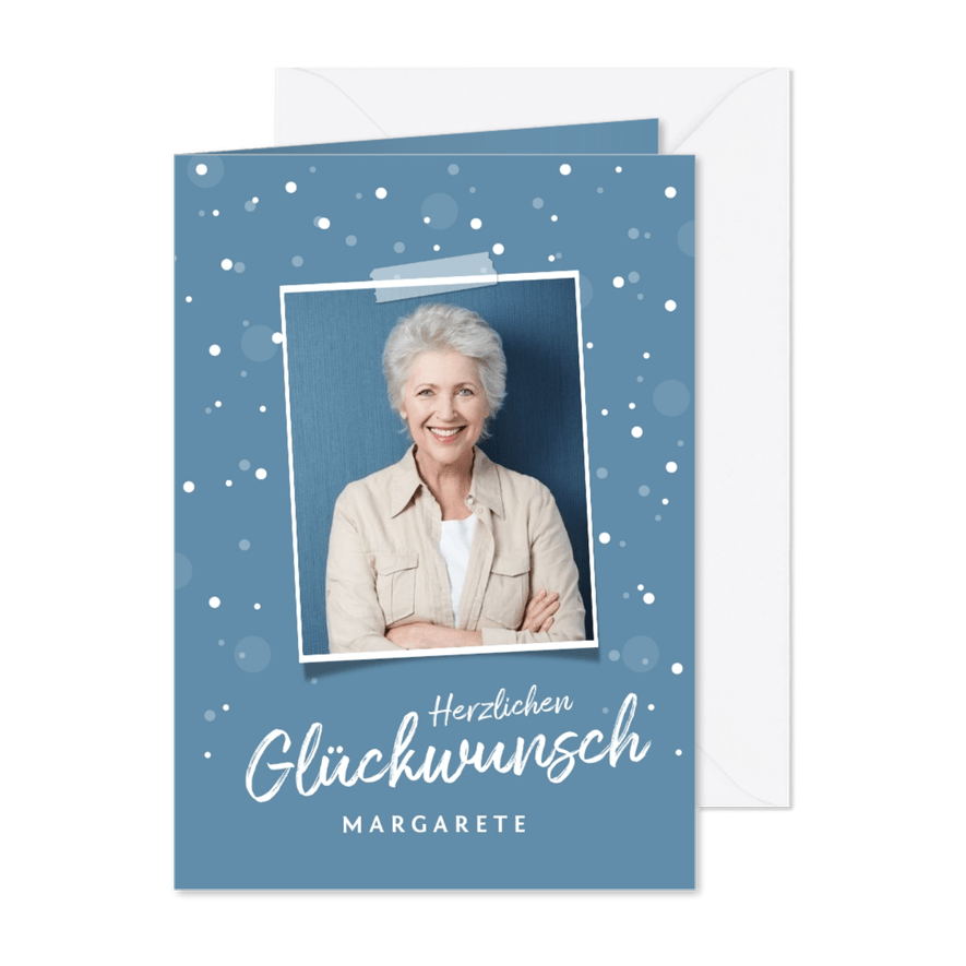 Glückwunschkarte zum Geburtstag blau, Konfetti & Foto - Karteneindruck