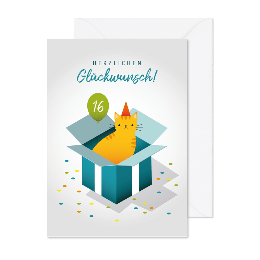 Glückwunschkarte zum Geburtstag Katze im Karton - Karteneindruck