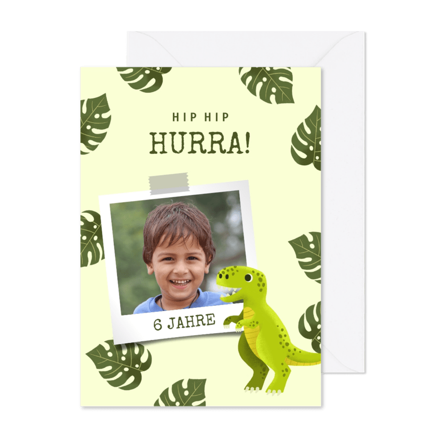 Glückwunschkarte zum Geburtstag mit Dinosaurier und Foto - Karteneindruck