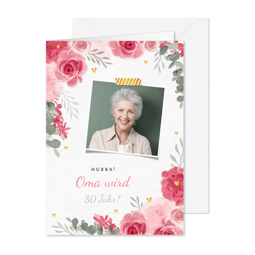 Glückwunschkarte zum Geburtstag rosa Rosen und Foto - Karteneindruck