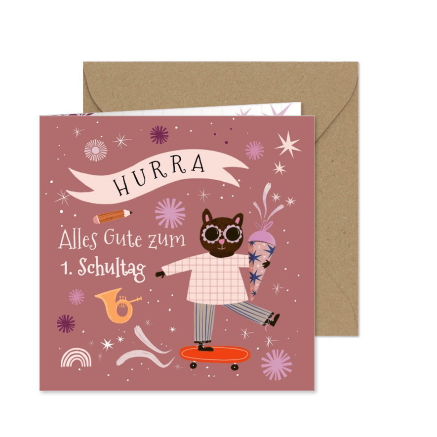 Glückwunschkarte zur Einschulung mit Katze und Schultüte - Karteneindruck