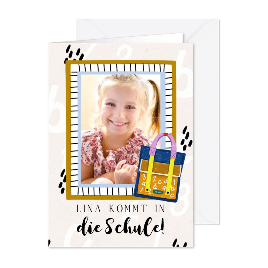 Glückwunschkarte zur Einschulung Schultasche & Foto - Karteneindruck