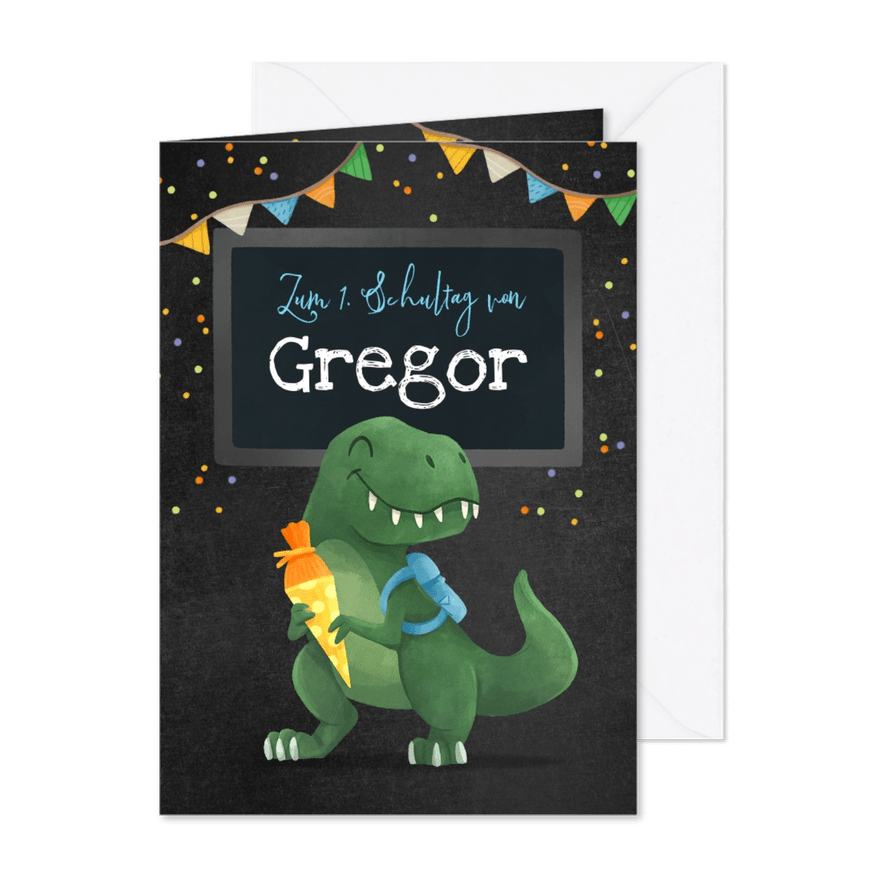 Glückwunschkarte zur Einschulung T-Rex & Konfetti - Karteneindruck