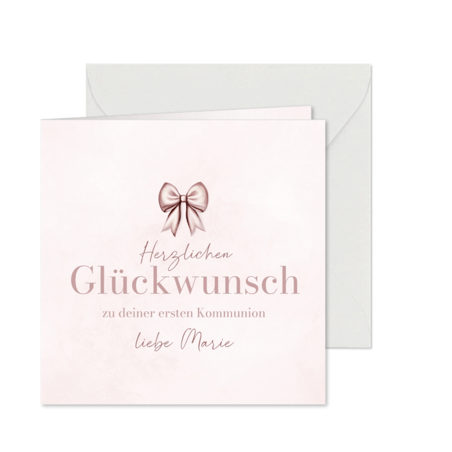 Glückwunschkarte zur ersten Kommunion rosa Schleife - Karteneindruck