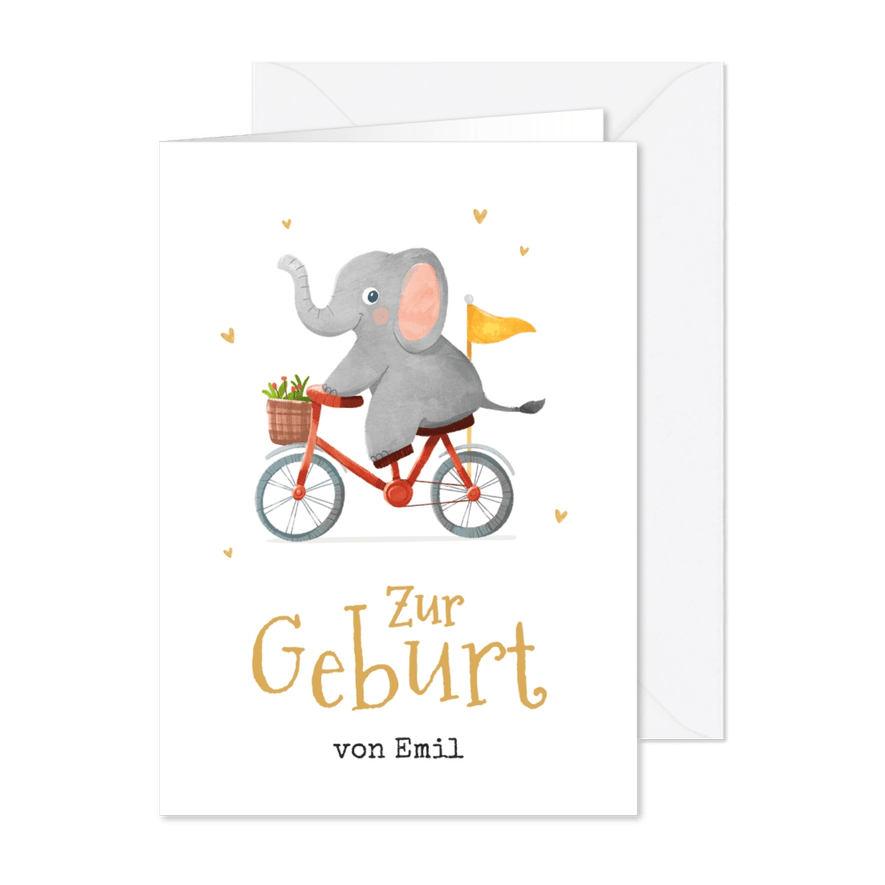 Glückwunschkarte zur Geburt Elefant auf Fahrrad - Karteneindruck
