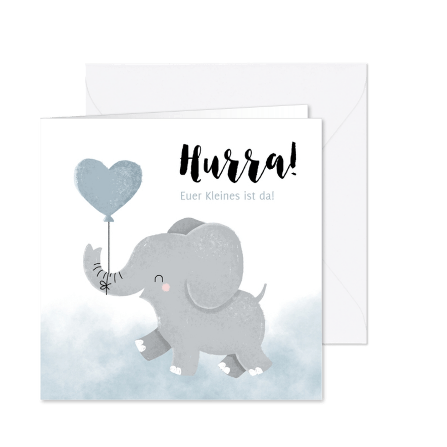 Glückwunschkarte zur Geburt Elefant mit Herzluftballon - Karteneindruck