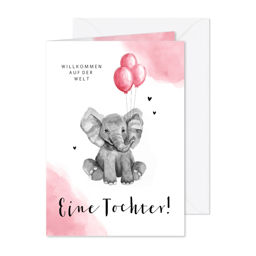 Glückwunschkarte zur Geburt Elefant mit rosa Luftballons - Karteneindruck
