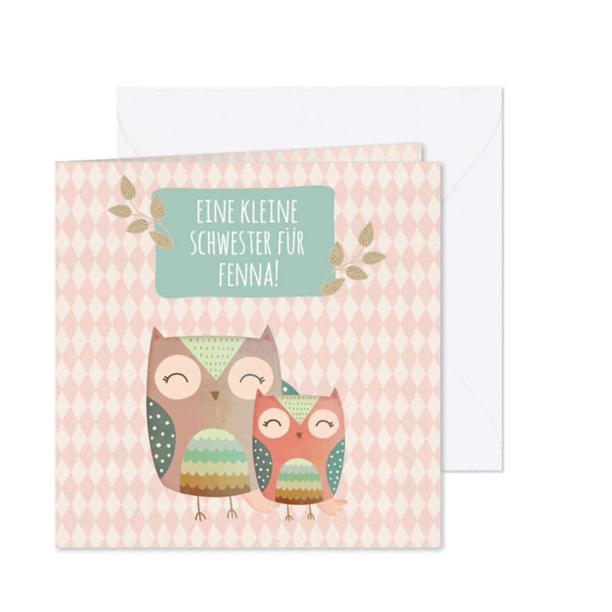 Glückwunschkarte zur Geburt Eule kleine Schwester - Karteneindruck