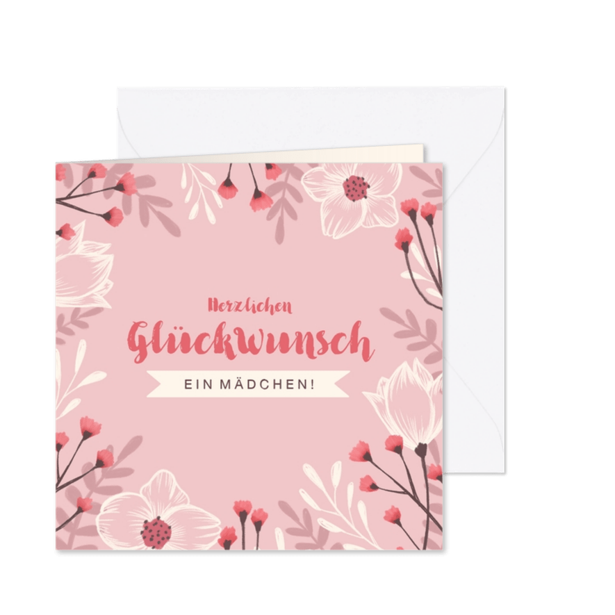 Glückwunschkarte zur Geburt Mädchen rosa Blumen - Karteneindruck

