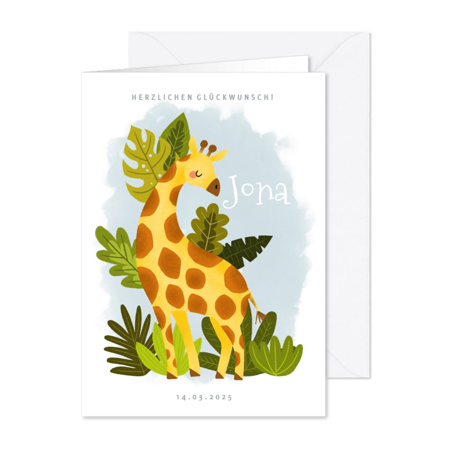 Glückwunschkarte zur Geburt mit Giraffe - Karteneindruck
