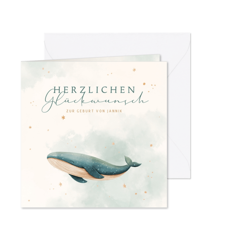 Glückwunschkarte zur Geburt Wal & Sterne - Karteneindruck